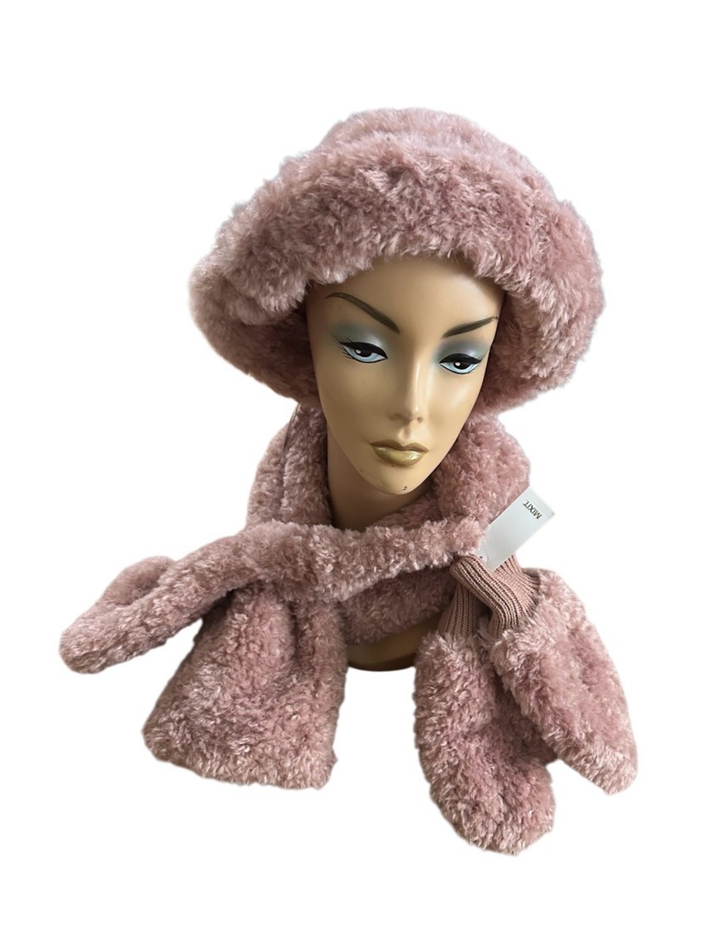 Faux Fur Pink Hat, Scarf & Mitten Set
